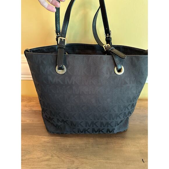 Michael Kors MK Logo Black Canvas Tote Bag Purse Handbag Designer - Picture 5 of 16